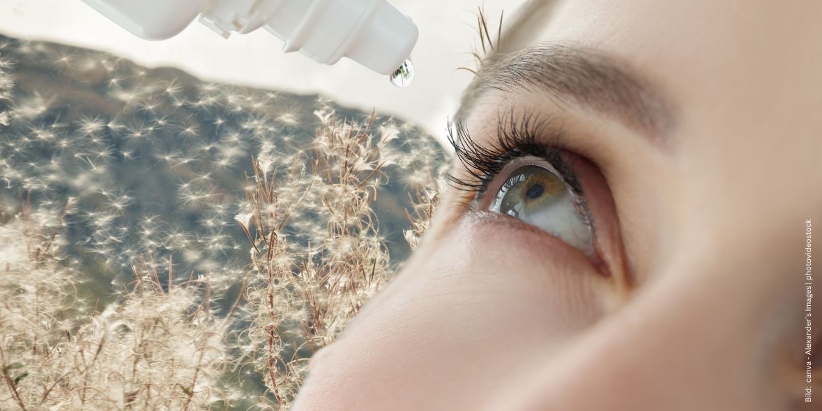 faktenwissen-antiallergische-augentropfen-1 Frau tropft sich antiallergische Augentropfen ins Auge. Im Hintergrund Landschaft mit Pollenflug zum Thema Faktenwissen antiallergische Augentropfen