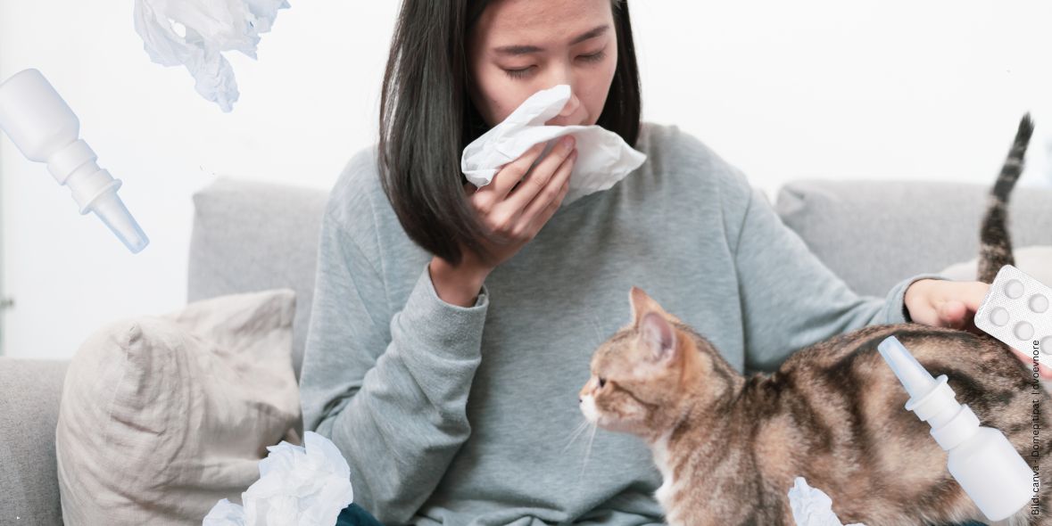 was-sie-ueber-katzenallergie-und-ihre-behandlung-wissen-sollten Frau mit Katze, Taschentüchern und Augentropfen zum Thema Was Sie über Katzenallergie und ihre Behandlung wissen sollten