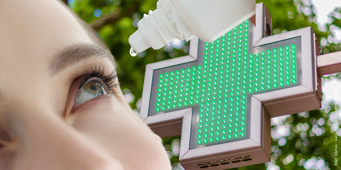 wann-sind-augentropfen-bei-allergie-auf-rezept-erhaeltlich Leuchtendes Apothekenkreuz und eine Frau, die sich Augentropfen in die Augen träufelt zum Thema Wann sind Augentropfen bei Allergie auf Rezept erhältlich?