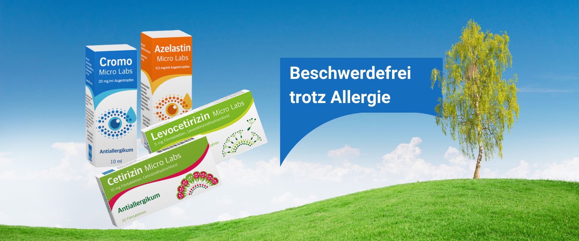 Augentropfen bei Allergie und Allergietabletten von Micro Labs. Im Hintergrund blauer Himmel und ein Birkenbaum auf einer Wiese mit Hügel. Beschriftung Beschwerdefrei trotz Allergie