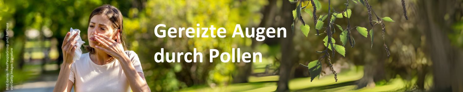 gereizte-augen-durch-pollen- Frau im Grünen hat gereizte Augen durch Pollen Bildbeschriftung gereizte Augen durch Pollen