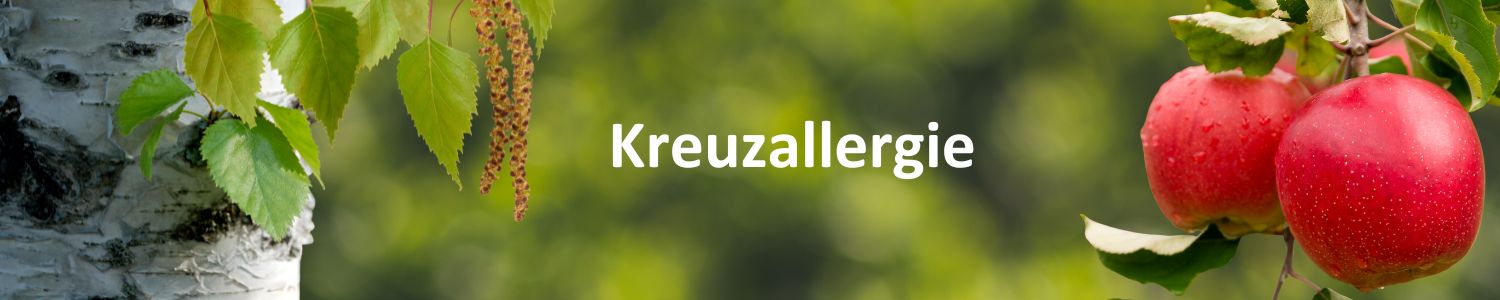 kreuzallergie-birke-apfel Nahaufnahme Birke mit Birkenpollen und Äpfel mit der Beschriftung Kreuzallergie
